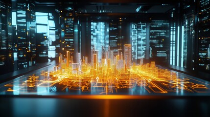 Holographic Projection Of Smart City Map For Urban Planning : Miniature 3D buildings visualize connectivity and geospatial data. This high-tech view captures the concept of metropolitan control.