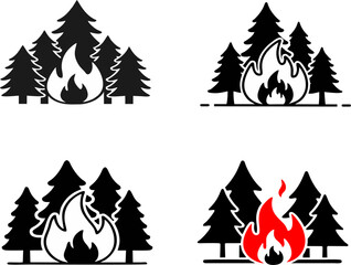 Set of 4 monochrome wildfire illustrations. Black silhouette of fire and trees. Natural disaster warning.