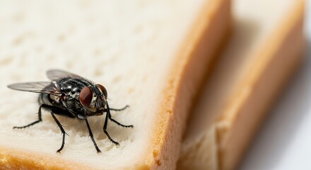Common housefly on wood background, detailed macro shot of domestic fly insect.
