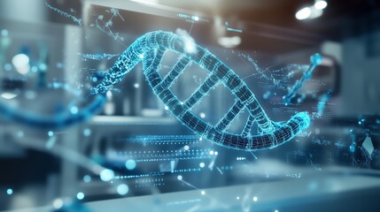 Holographic DNA Double Helix Model For Genetic Research : Structure visualizes genetic data and biotech analysis. This abstract visualization is ideal for gene therapy, molecular science