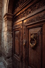 Obraz premium Historic entrance featuring carved reliefs and aged wood in a timeless grand architectural setting