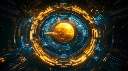 Futuristic Core Rotating Planetary System Technology Display : Sphere surrounded by digital rings visualizes cosmic exploration concepts. This abstract graphic is ideal for astronomy, space science.