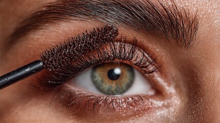 Close-up of an eye with long thick lashes being styled by the brush of a black mascara. Clear, detailed view demonstrating cosmetic application steps, ideal for makeup tutorials, step-by-step guides, 