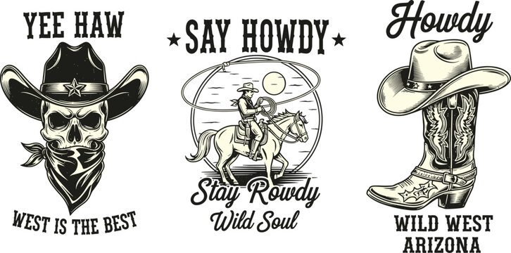 Illustration of vintage wild west illustrations featuring a skull wearing a cowboy hat, a cowboy riding a horse, and a cowboy boot with a hat, all with westernthemed typography