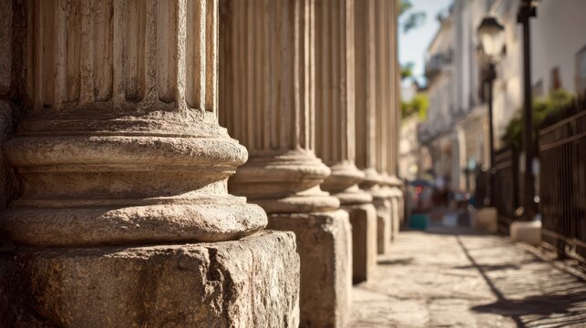 Historic exterior with tall stone columns and weathered texture on a grand building - Powered by Adobe