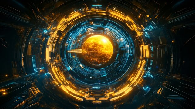 Futuristic Core Rotating Planetary System Technology Display : Sphere surrounded by digital rings visualizes cosmic exploration concepts. This abstract graphic is ideal for astronomy, space science.