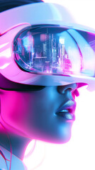 Woman wearing futuristic neon-lit VR headset.
