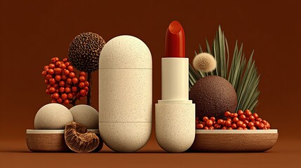 Soft coral minimalist lipstick with a matte finish and rounded edges, embodying modern elegance. Product still life photography suitable for design inspiration, lifestyle blog content, or brand visual