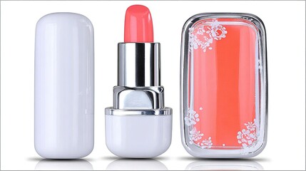 Elegant minimalist lipstick in a soft coral color with a matte plastic tube and unique rounded edges. Close-up shot showcasing its sleek appearance and sophisticated design, ideal for cosmetics advert