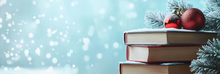 Elegant holiday composition: stack of old books with red ornaments and frosty branches on soft blue background with snow. Cozy winter atmosphere for banners and Christmas design. Copy space