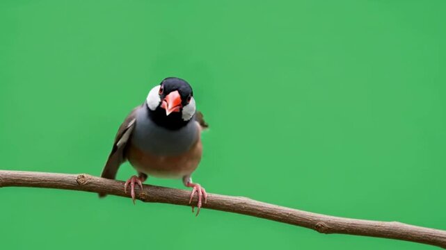 Beautiful Java sparrow standing on wood branch with bright green chroma key background for smooth digital compositing work