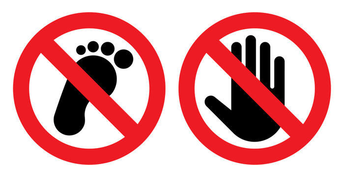 No step and do not touch signs. No barefoot and no entry hand symbols label or sticker, stop, ban or prohibited icon set.