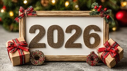 Golden numbers "2026" on a white page centered between Christmas wreaths and gift boxes, against a light gray marble background with a gold photo frame. Flat lay high-resolution photography, perfect f