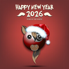 Happy New year. 2026 year of the horse. Cute muzzle horse in the form of a billiard ball. Billiard ball in the form of a horse. Greeting card design template. Vector illustration