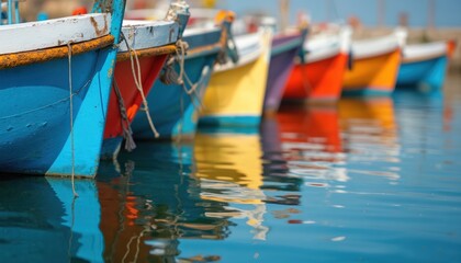 Colorful fishing boats lined up by water with ripples. Vessels in marina reflect on calm blue sea surface. Peaceful seaside scene with leisure boats moored.