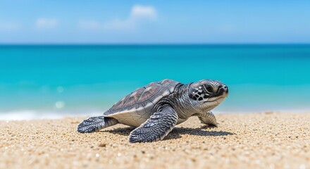 Obraz premium Tiny sea turtle crawls towards the ocean on a sunny sandy beach