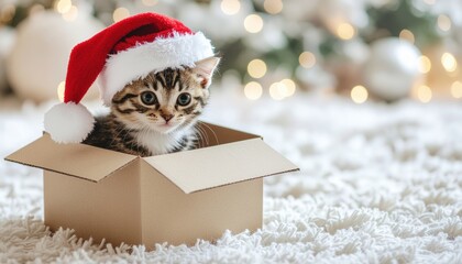 Festive action playful kitten in christmas hat inside a box cozy living room adorable pet photography warm holiday atmosphere close-up view joyful spirit