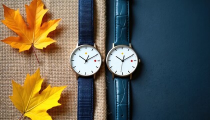 Two minimalist watches with autumn leaves. Timepieces have simple face design with colorful accents. Flat lay of modern clocks on linen fabric and dark blue backdrop shows fall season.