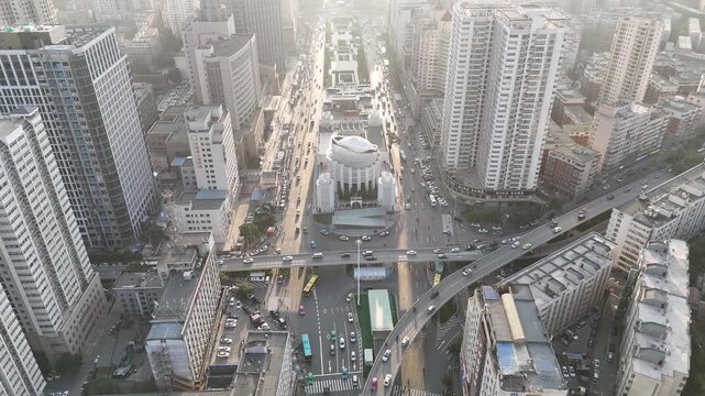 Lanzhou Gansu Aerial Urban Downtown Cityscape with Traffic