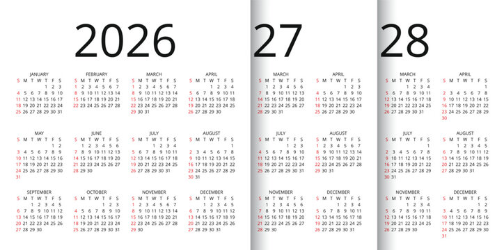 Calendar for 2026 2027 2028 years. Calender templates. Desk planner layout. Week starts Sunday. Grid with 12 month in English. Set of yearly organizers. Square simple design. Vector illustration.