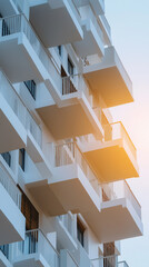 Modern residential apartment building with balconies in soft sunlight.
