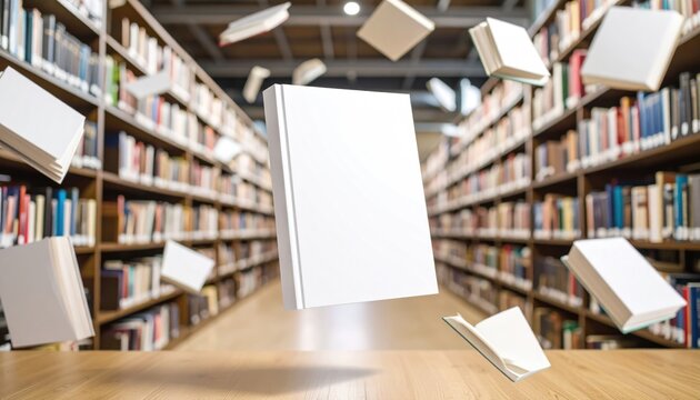 Books flying in library with education, and literature concept.