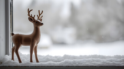A decorative deer figurine stands on a windowsill covered in snow, with a blurred winter landscape outside.