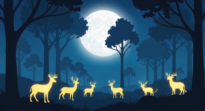Moonlit Deer Serenity: A Peaceful Night Scene with Glowing Animals in the Woods