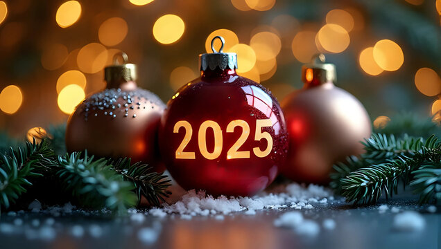 "2025" numbers on red bauble, christmas ornament, decorations, winter snow, pine branches, festive lights - Christmas celebration, happy new year, new beginning, start