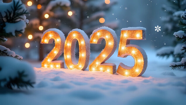 3d of illuminated "2025" marquee glowing numbers on snow, winter forest, snowflakes, lights - Christmas celebration, happy new year, new beginning, start