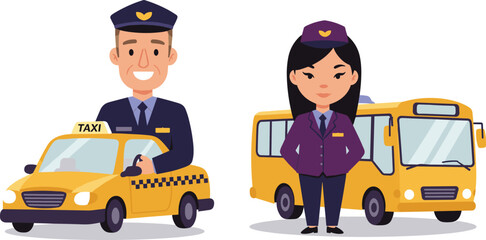 Cartoon taxi driver and bus driver characters in uniform, standing beside yellow taxi and bus, public transportation, occupation, travel, city commute, vector illustration