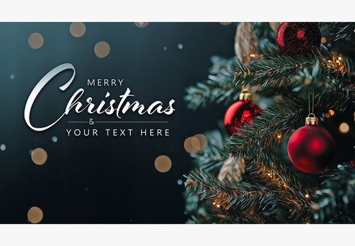 Christmas Tree Card With Decorations And Bokeh Mockup