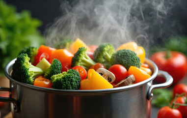Steaming pot of colorful fresh vegetables like broccoli, peppers, and tomatoes. Healthy food preparation in a kitchen setting. Vibrant ingredients for nutritious meals and balanced diets.
