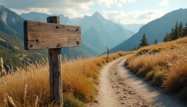 Wooden signpost stands on dirt path amidst tall grass, mountains. Rustic marker points towards open trail under bright sunlight. Offers direction in serene natural landscape, ideal for travel