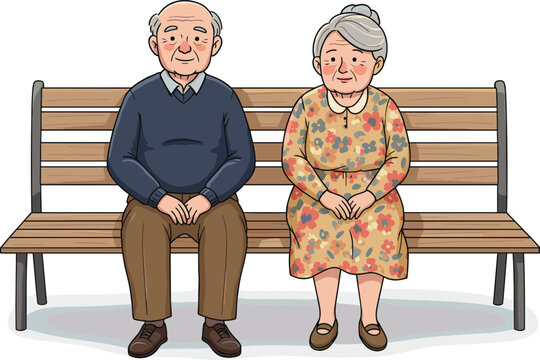 Elderly couple sitting on bench, peaceful moment, aging gracefully, senior love, companionship, outdoor scene, vector illustration, white background, legacy concept