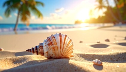 Obraz premium A shell rests in sand on a beach with the ocean in the background, palm trees, and bright sun