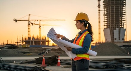 Female engineer in hard hat reviewing blueprints at a construction site during sunset with cranes and buildings in the background