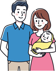 Happy family portrait, smiling parents with newborn baby, cartoon vector style, love and care, emotional bonding, parenting moment, white background