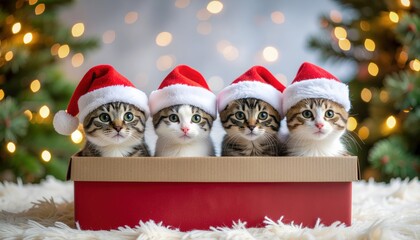Fototapeta premium Festive feline fun four kittens in santa hats holiday home photography cozy indoor setting playful vibe