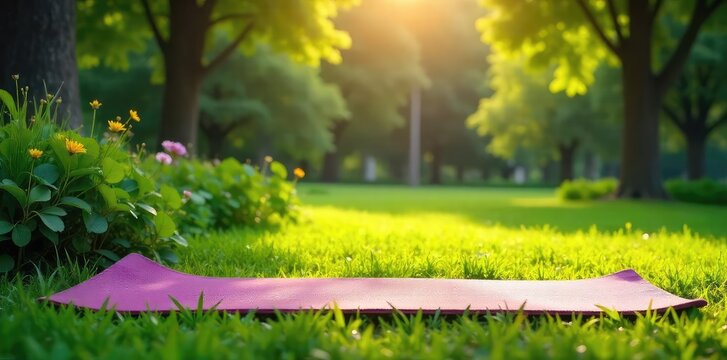 Serene scene of a single yoga mat outdoors, surrounded by lush greenery and bathed in sunlight, embodying peaceful solitude and self-care , nature therapy, leaves