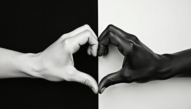 Two hands forming heart shape with fingers, one black, one white, against divided black, white background. Unity, diversity, togetherness. Hands represent partnership, friendship. Concept of