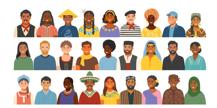 Set of a diverse group of people from different cultures wearing traditional clothing. Concept of equality, cultural diversity, friendship, inclusion. Vector flat cliparts. - Powered by Adobe