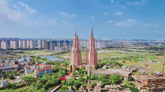 Changsha Aerial View: Red Twin-Spire Church Overlooking City Skyline