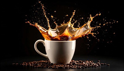 Coffee cup splash with beans on black background.