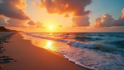 Obraz premium Stunning sunset over a tranquil beach, golden light reflecting on the calm ocean waves, creating a breathtaking scene Perfect for travel, vacation, or relaxation themes , rays, waves