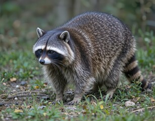 Obraz premium Raccoon's Candid Stare: A curious raccoon pauses amidst the lush foliage, its masked face fixed with an enigmatic gaze, ready to engage with the unknown.