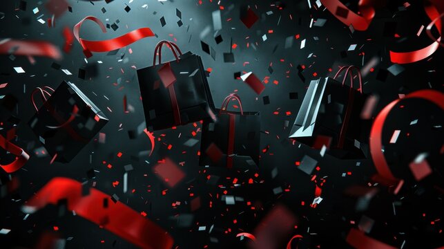 Black shopping bags with red ribbons and confetti falling in a dark background. The scene conveys a festive shopping atmosphere.