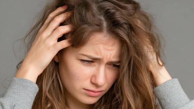 Close-up of a young woman with troubled expression, hand on head,  long, tousled brown hair against a neutral backdrop