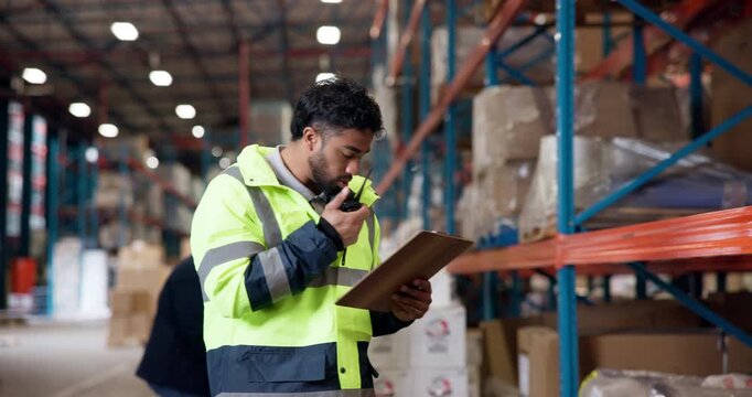 Radio, clipboard and shipping with man in warehouse for inventory management, logistics or communication. Speaker, checklist and quality control with person in factory for ecommerce and supervisor - Powered by Adobe