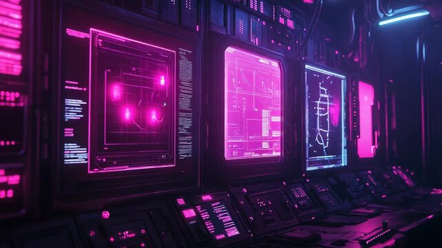 Futuristic control room showing neon pink data interfaces